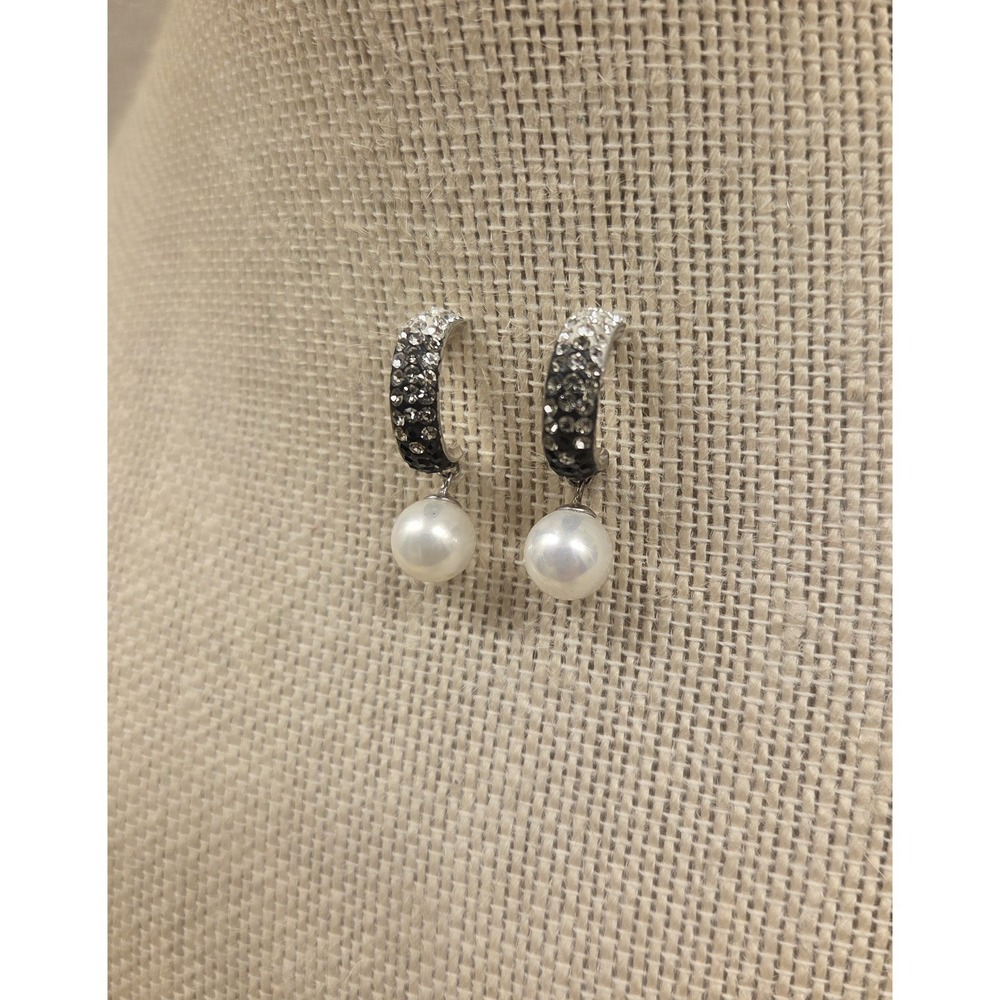 Vintage Sterling‎ Silver Semi Hoop Pave & Pearlesque Earrings Thai IPS 925